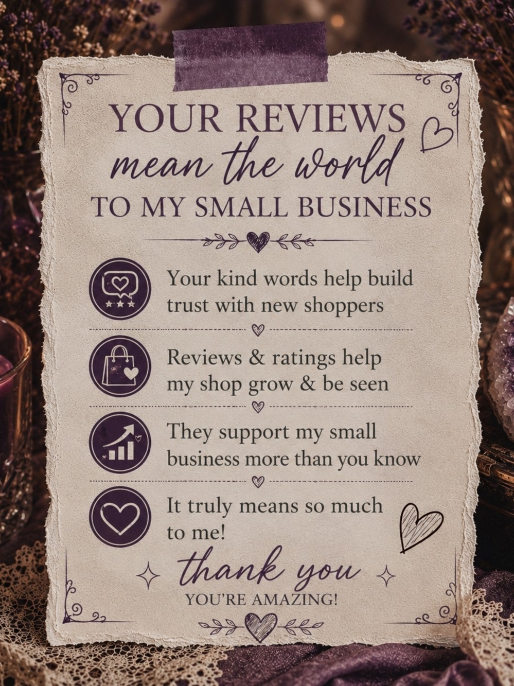 Small Business Review Thank You Sign - Purple Script
